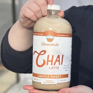 Chai Latte Almondmilk(32 oz) from Beber Almondmilk! Unpasteurized, vegan, soy free, helps cure a headache thanks to the ginger!