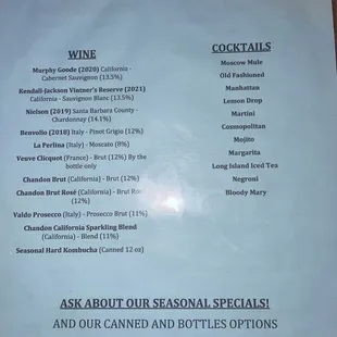 Menu as of 9/5/23