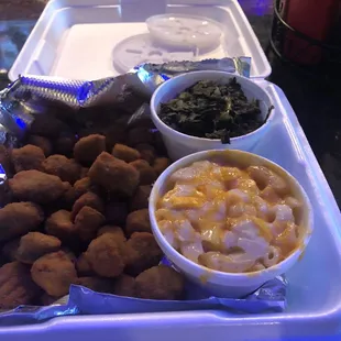 Collard greens, fried okra and mac &amp; cheese
