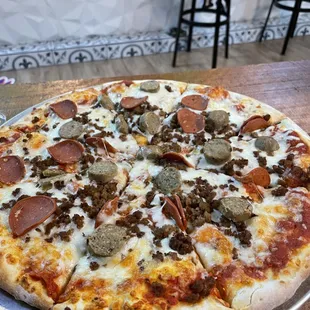 Vegetarian "meat" lovers pizza.