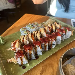salmon avocado roll, lion roll, LA crunch roll