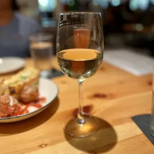 a glass of wine and a plate of food