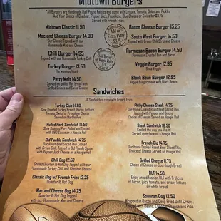 Menu burgers &amp; sandwiches