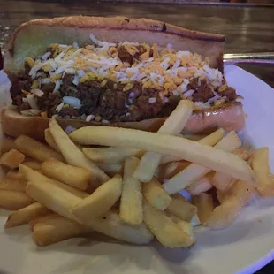 Chili dog with cheese and fries