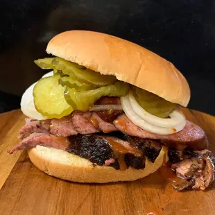 Brisket and Sausage Sandwich.