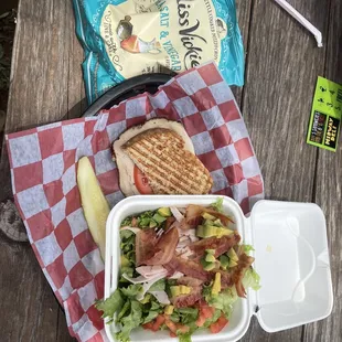 Sea salt and vinegar chips and Half Sandwich and Side-Slammin' Sammy with a cobb salad sans cheese