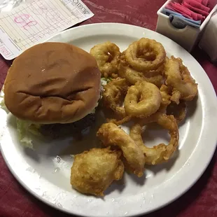 Burger and onion rings.