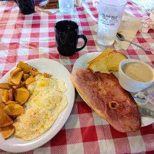 Big Boy Breakfast, was excellent. Whole Country Ham Slice, 3 eggs, Home Fries, County Gravy with Toast in place of biscuits.