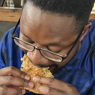 Pork Chop Sandwich w/mustard and Grilled Onions