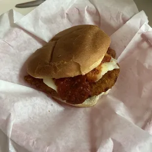 a chicken sandwich on a bun
