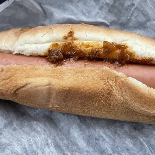 The Midway Hot Dog - Slaw, Onion, Sauce, &amp; Mustard (on the bottom)