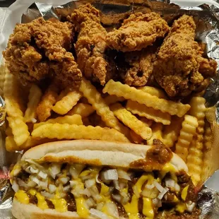 HTown Combo with Detroit Coney, Fries and Lemon Pepper Wings.