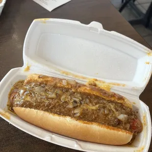 chili cheese dog with grilled onions