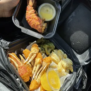 Lobster tail, crab claws, Mac &amp; cheese and broccoli