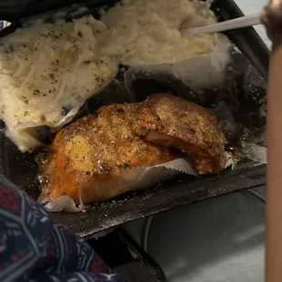 HORRIBLE!!!! Mashed potatoes watery, salmon still has the skin on there!!! I wouldn&apos;t recommend this place to a dog let alone a human!
