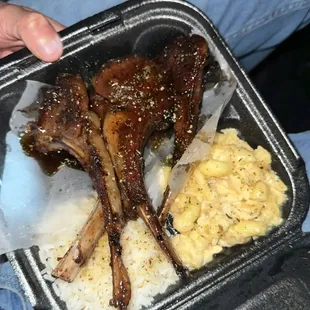 Lamb chops with white rice and mac &amp; cheese