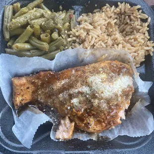 Stuffed Salmon (lobster, shrimp, crab meat), hibachi rice and green beans.