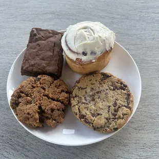 Brownie, two cookies and a blueberry morning bun