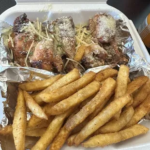 Garlic Parmesan, fries, and drink!  5 piece wing with fries