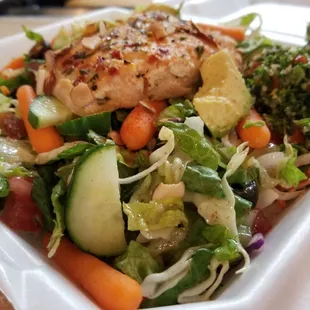 Our yummy Angela salad with grilled salmon and all the healthy veggies