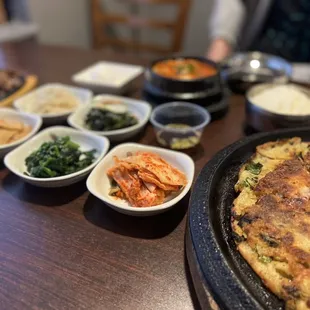 Seafood pancake and side dishes
