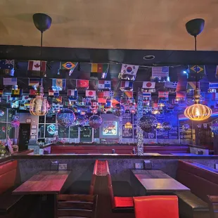 Restaurant ambience, seating, and decorations.