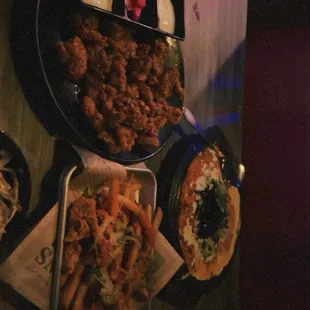 cheese spam kimchi fried rice, bbq soy garlic boneless chicken, loaded fries