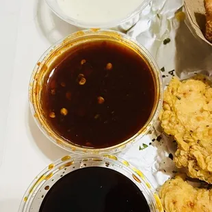 Scratch made Ranch, Seoul Hot and Soy Ginger sauces.
