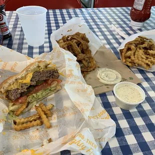 1/2 pound "white" (with mayo")burger, fries and onion rings