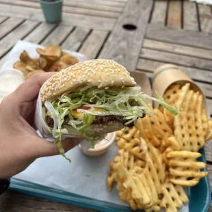 Deluxe single patty burger with waffle fries