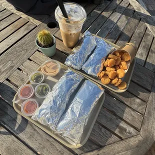 Bacon taco, chorizo tacos, tots, iced coffee