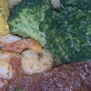 shrimp, broccoli, and corn