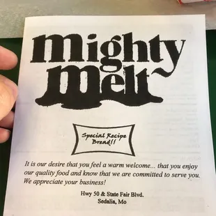 Menu with mission statement