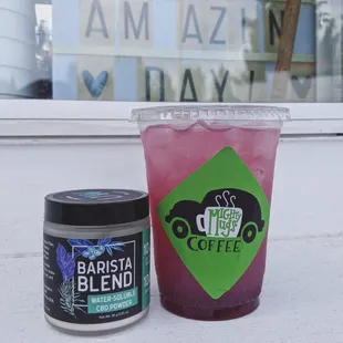 CBD available to all our drinks! Iced, hot, blended. Easy to add to coffee or energy drinks :)