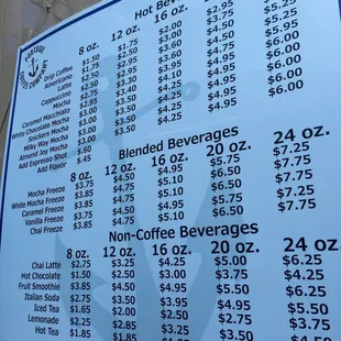 Menu with many coffee options