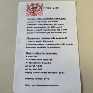 Current price list.
