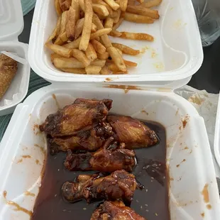 Wings, fries, egg roll