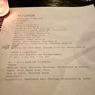 Menu as of 1/19/2923 w/ happy hour