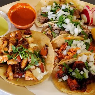 Shrimp, Chorizo, Chicken, Carnitas, Barbacoa de Res Tacos