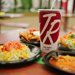 a plate of food and a drink