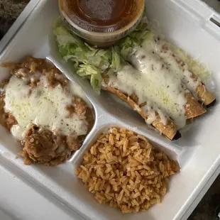 a meal in a styrofoam container