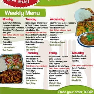 Our Weekly Menu. Always 2 sides + the meat of the day. We offer take-out and free delivery 352-688-9094 and MiguelsLatinMarket.com