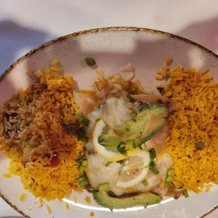 Seafood Enchiladas (Salad Has Bacon) with yellow rice