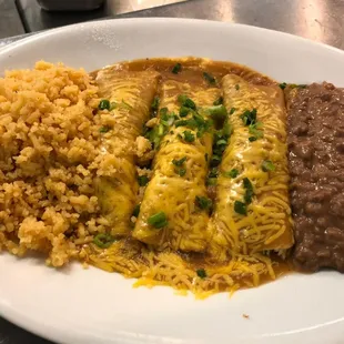 Tex Mex Enchiladas. 
Beef chicken or cheese!