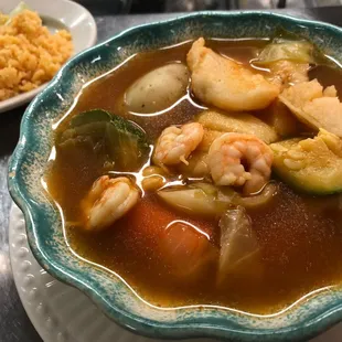 Caldo de Camarón Y Pescado. 
Fish &amp; Shrimp soup.