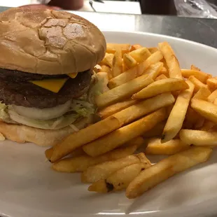 Our delicious double meat cheese burgers and fries!