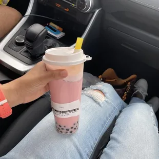 Strawberry milk tea with traditional boba