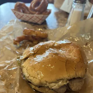 Hamburger piggyback with a brat and rings on the side!