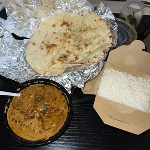Chicken tikka masala, naan and rice
