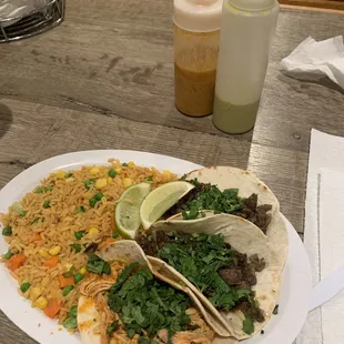 Taco plate double rice  Chicken and beef no onions